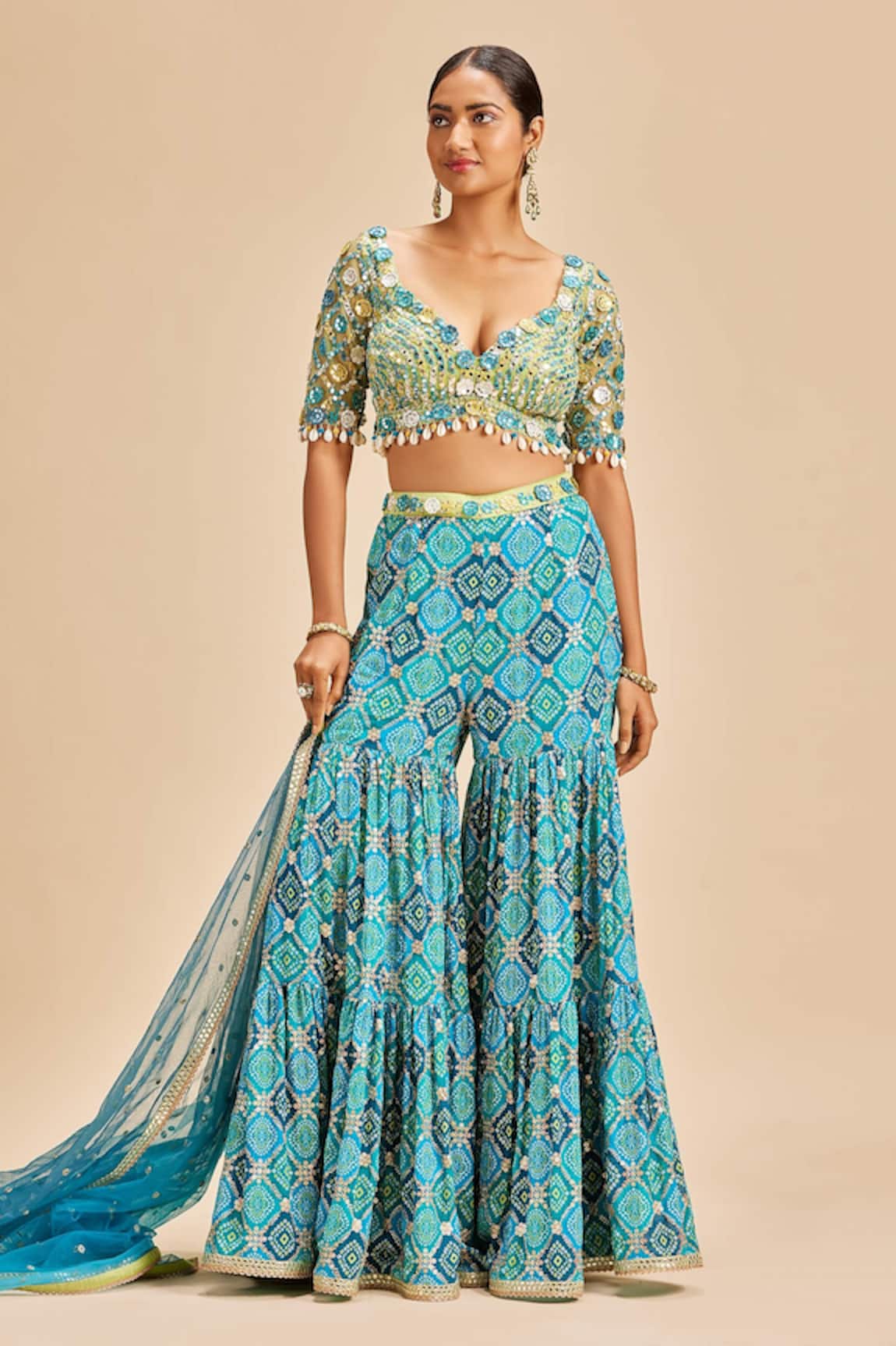 Nitika Gujral Embroidered Blouse Bandhani Pattern Sharara Set