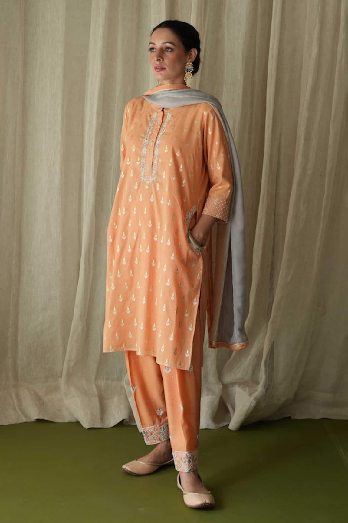 Kanika Sharma Chanderi Zari Butti Kurta Peshwa Salwar Set