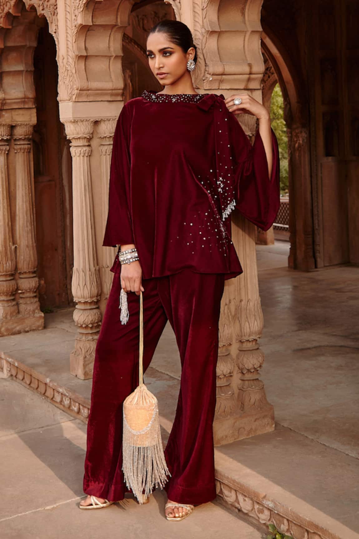 Ajiesh Oberoi Embroidered Top & Flared Pant Set 