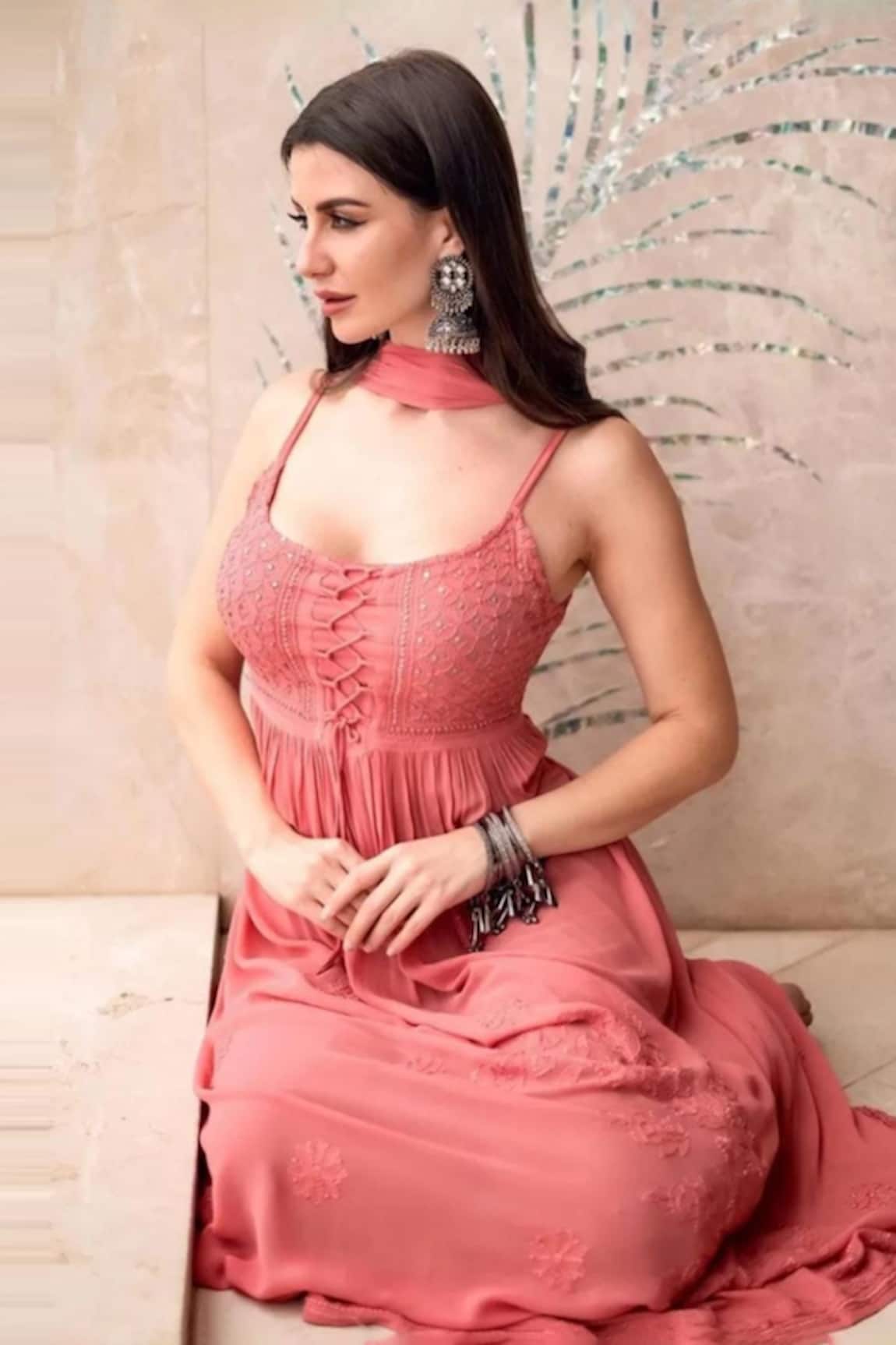 LABEL AISHWARYRIKA Carrot Chikankari Embroidered Flared Anarkali Set