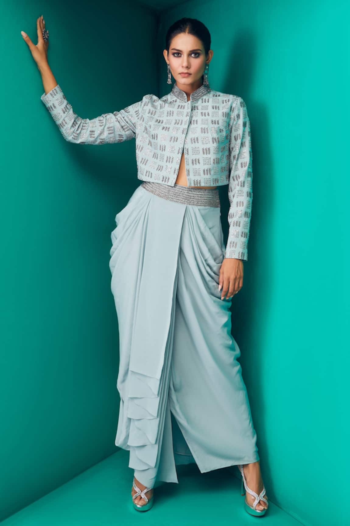 Rishi And Soujit Embroidered Crop Jacket & Draped Skirt Set
