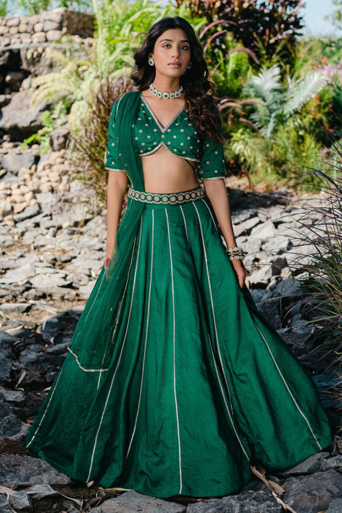Redpine Designs Emerald Green Hand Embroidered Lehenga Set 
