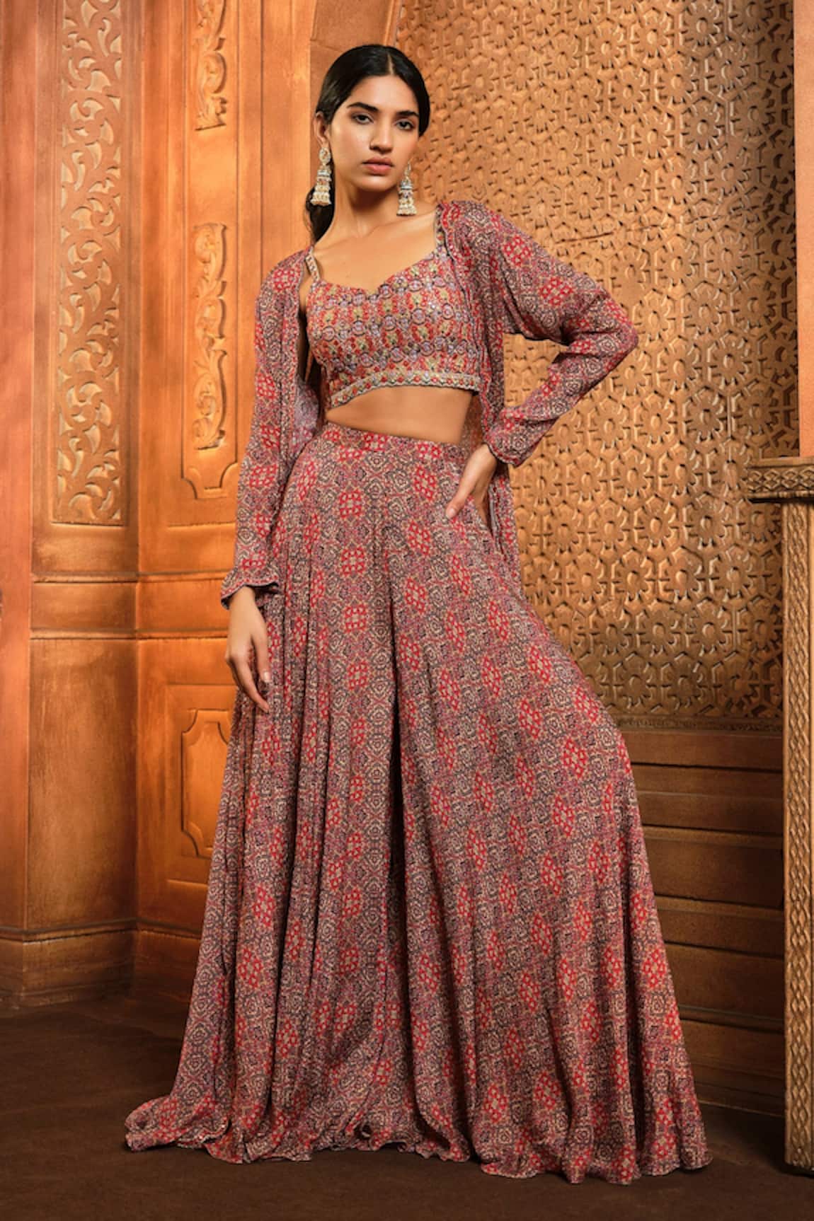 Aneesh Agarwaal Persian Print Jacket & Flared Sharara Set 