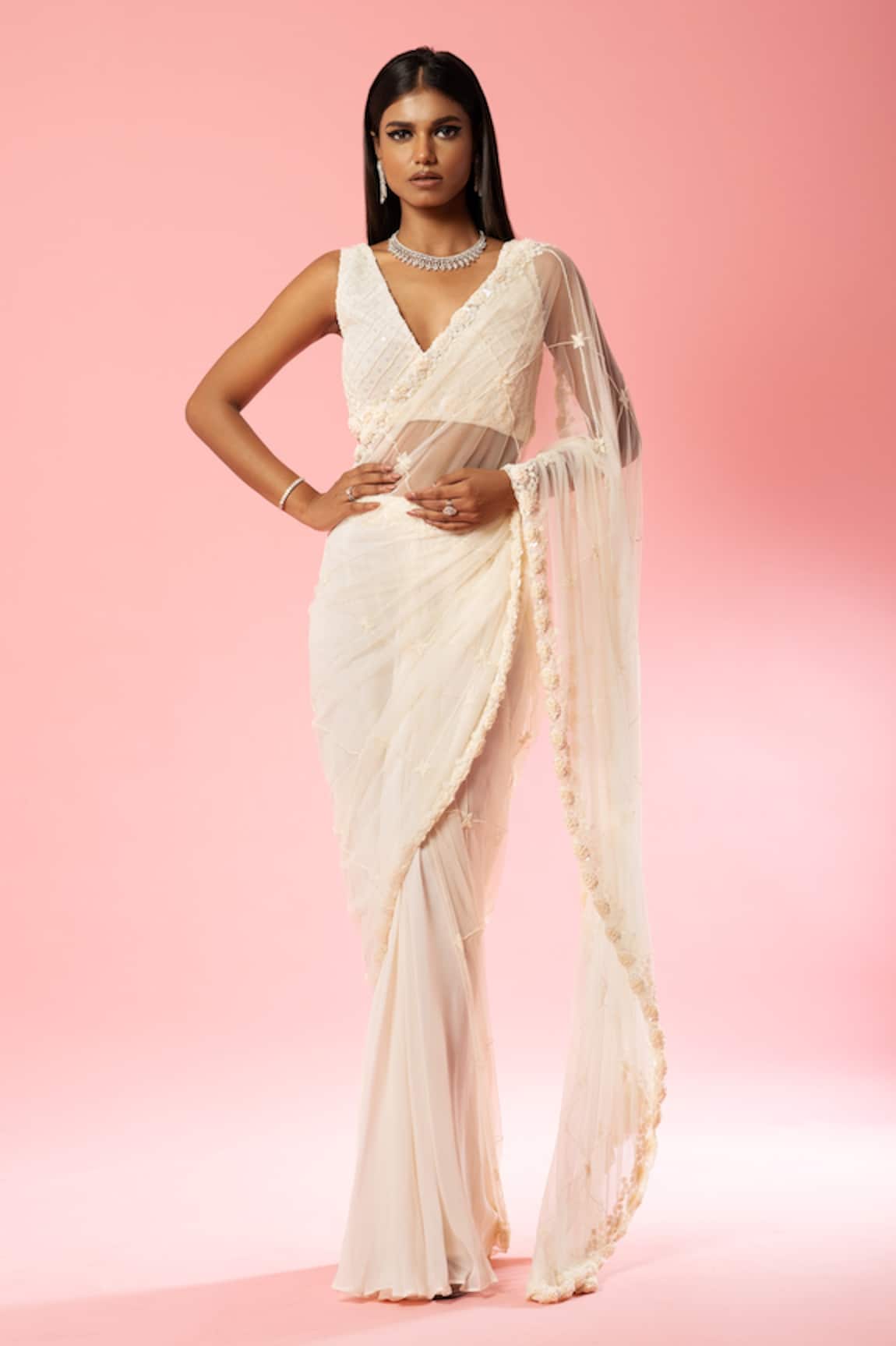 Quench A Thirst Pre-Stitched Saree With Thread Embroidered Blouse