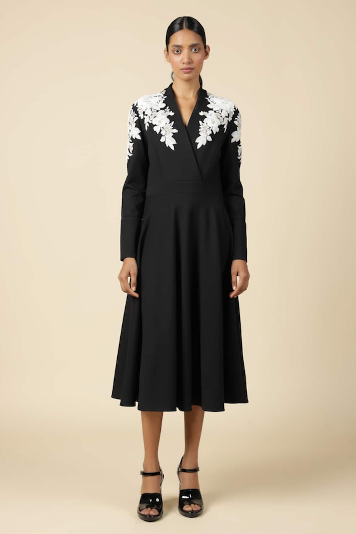 Shahin Mannan Botanical Embroidered Shoulder Dress