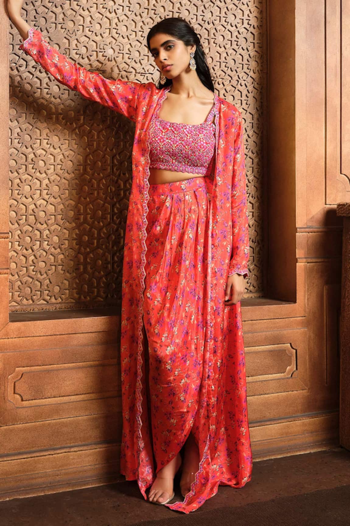 Aneesh Agarwaal Floral Print Long Jacket & Draped Skirt Set
