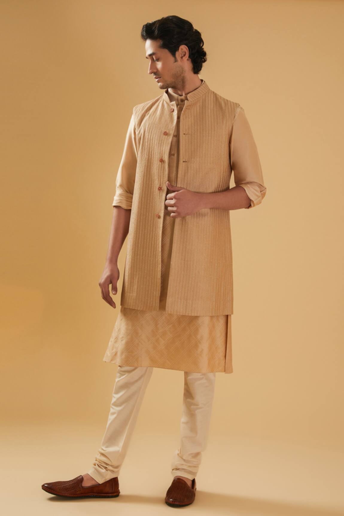 Raghavendra Rathore Blue Beige Embroidered Raw Silk Nehru Jacket 