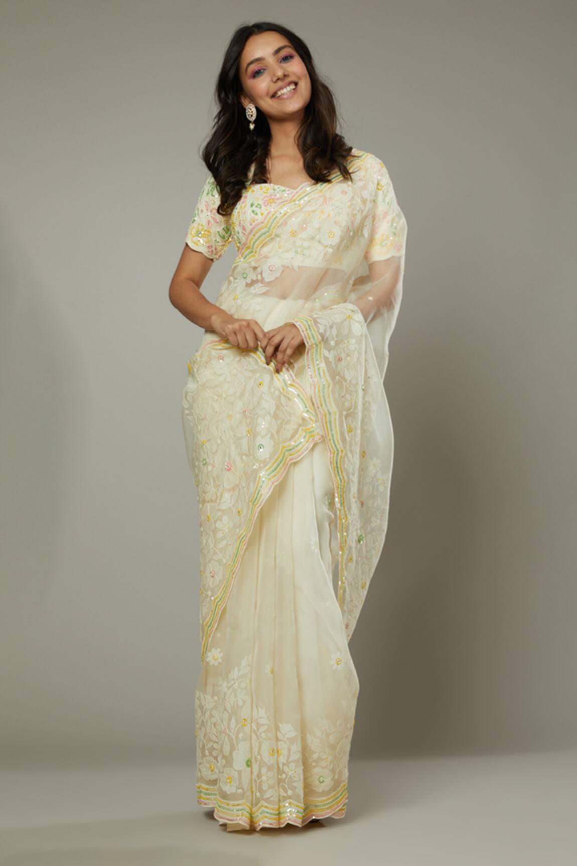 I Am Design French Vanilla Embroidered Saree Set