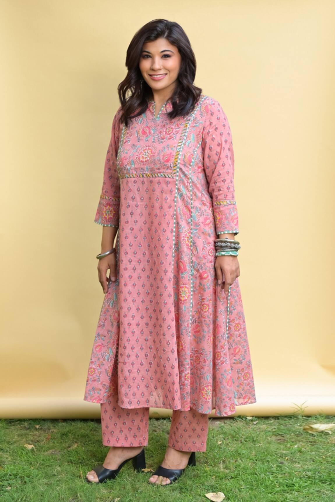 Pants and Pajamas Coral Cotton Block Print Kurta & Pant Set