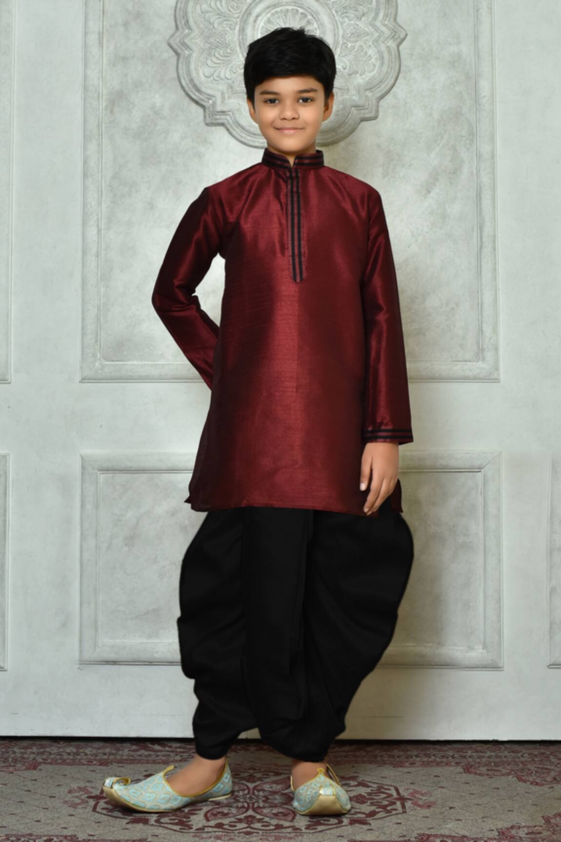 Petite Pomme Maroon Thread Work Kurta & Dhoti Pant Set 
