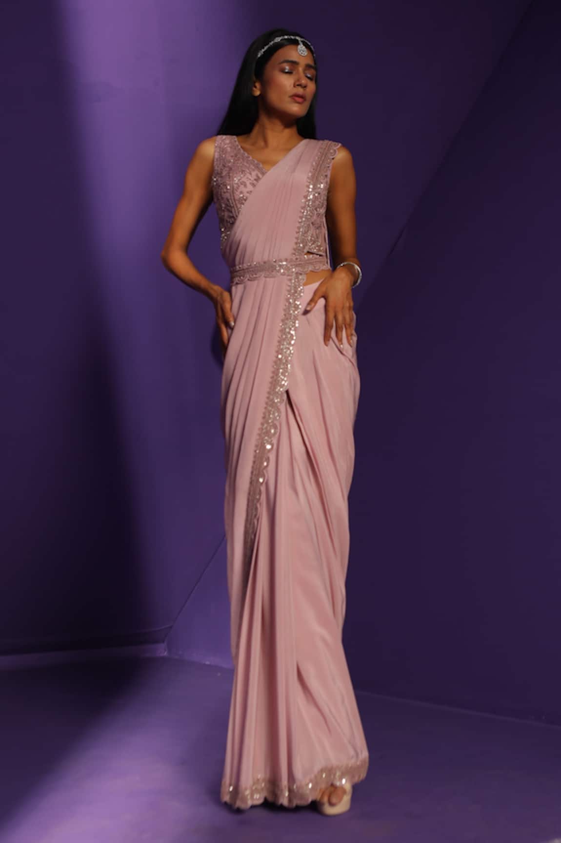 Rishi And Soujit Embroidered Pre-Draped Saree Set 