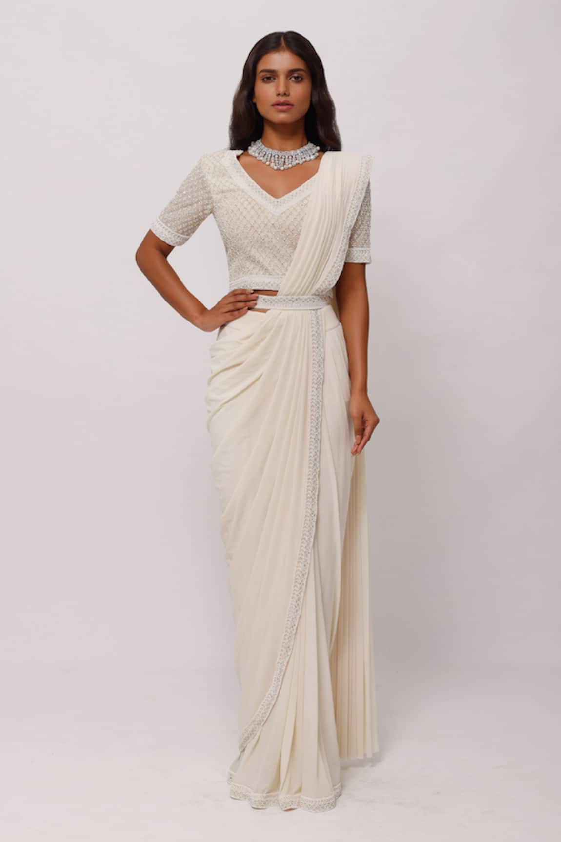 Onaya Pearl Embellished Blouse & Pre-Draped Saree Set