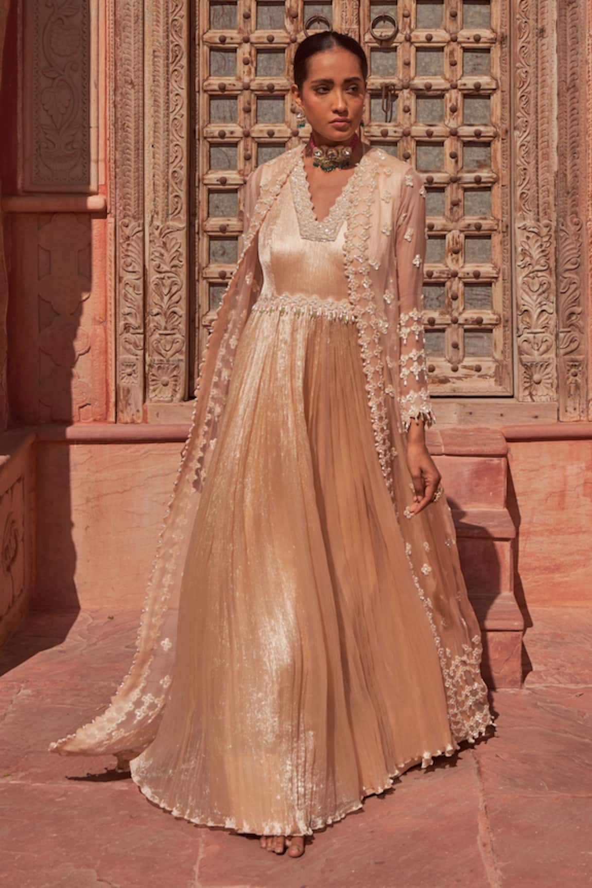 NIDHIKA SHEKHAR Brahmotsav Embroidered Neckline Anarkali With Cape 