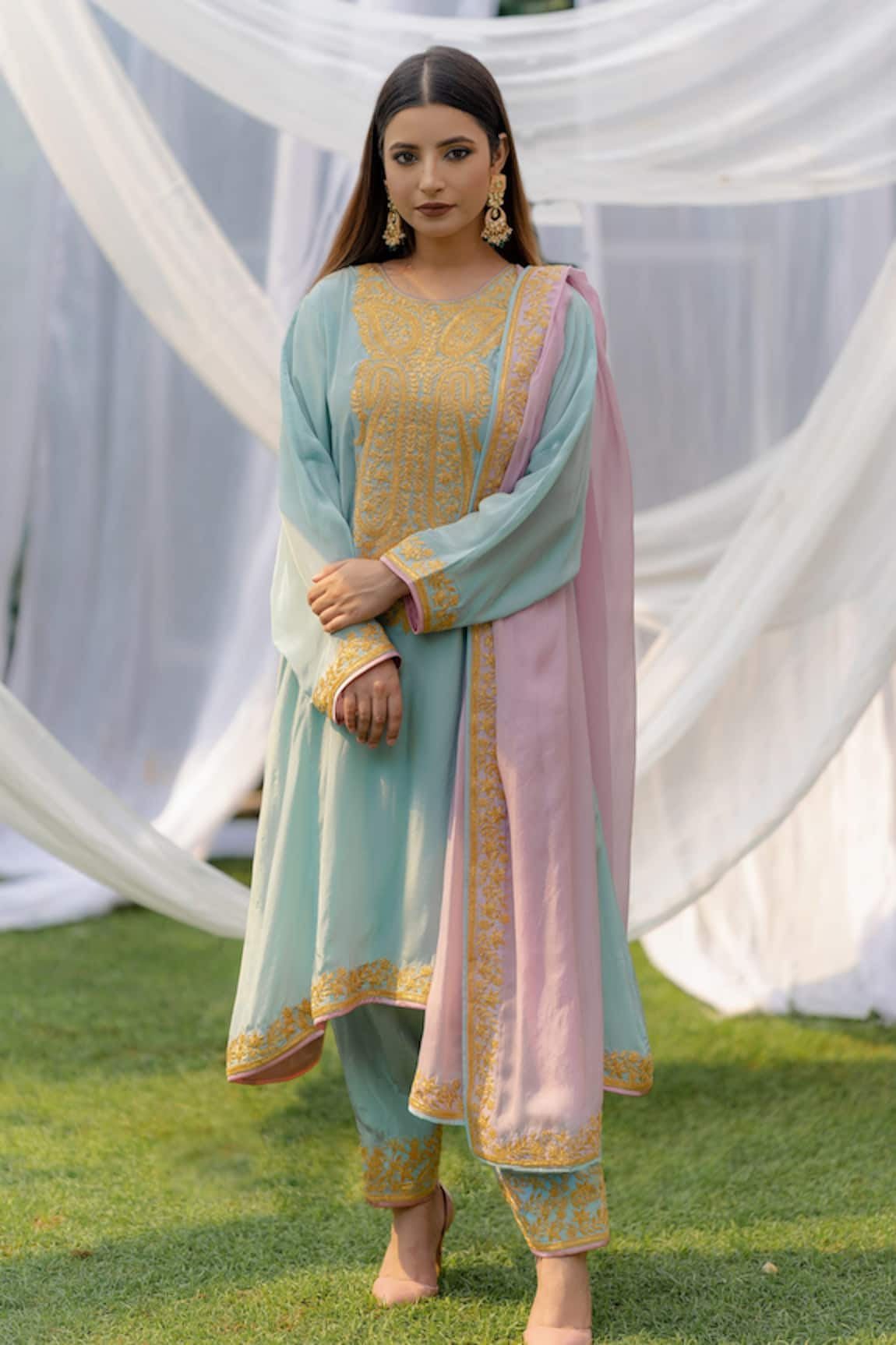 Daljit Sudan Floral Embroidered Yoke Phiran Kurta Set