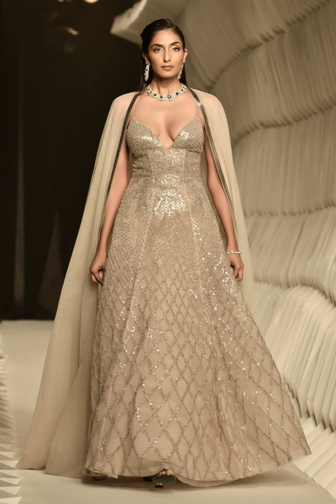 Rohit Gandhi + Rahul Khanna Spatial Metallic Gown With Cape 