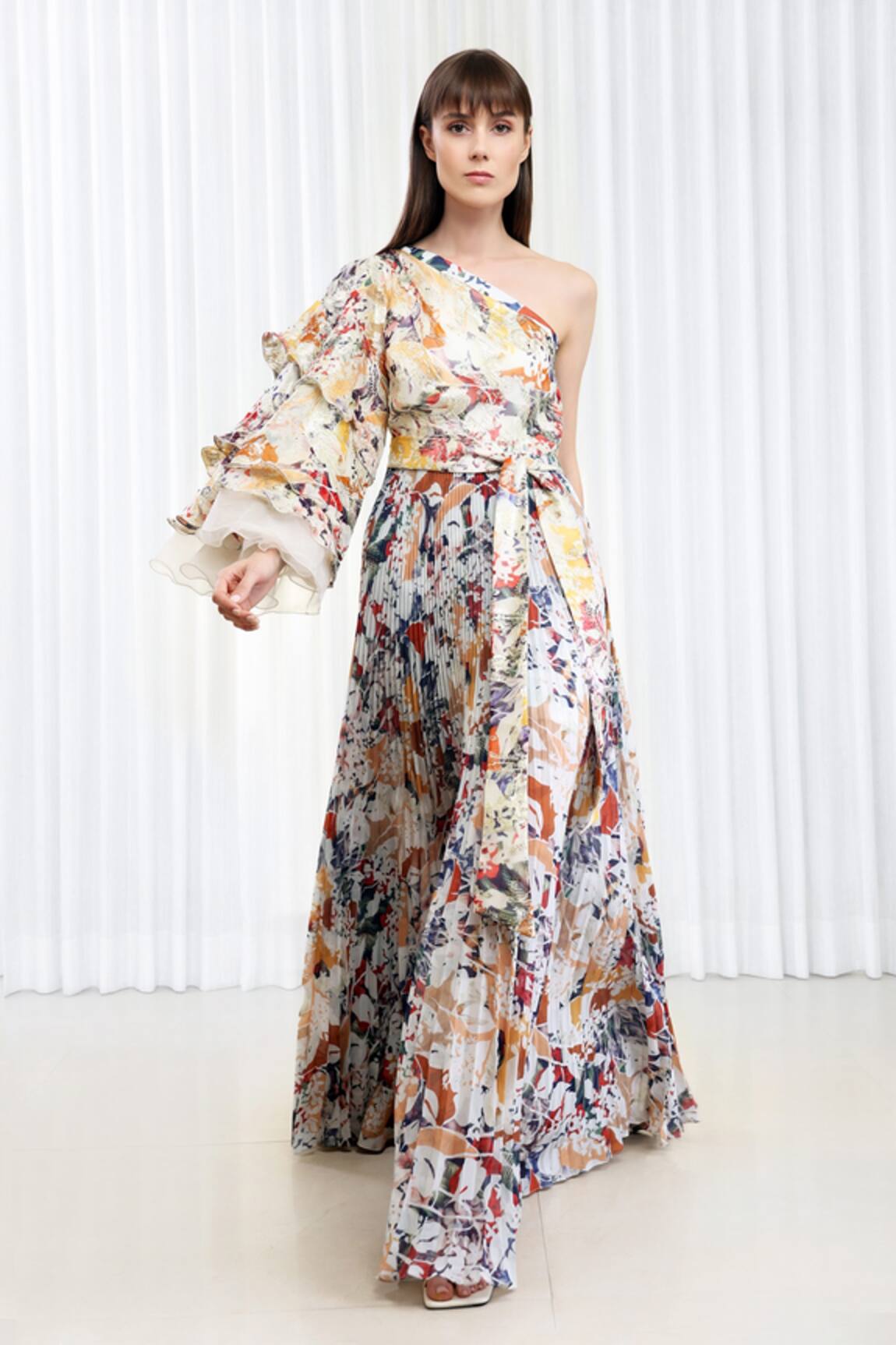 Mandira Wirk Resort Autumn Leaves Print Pleated Dress