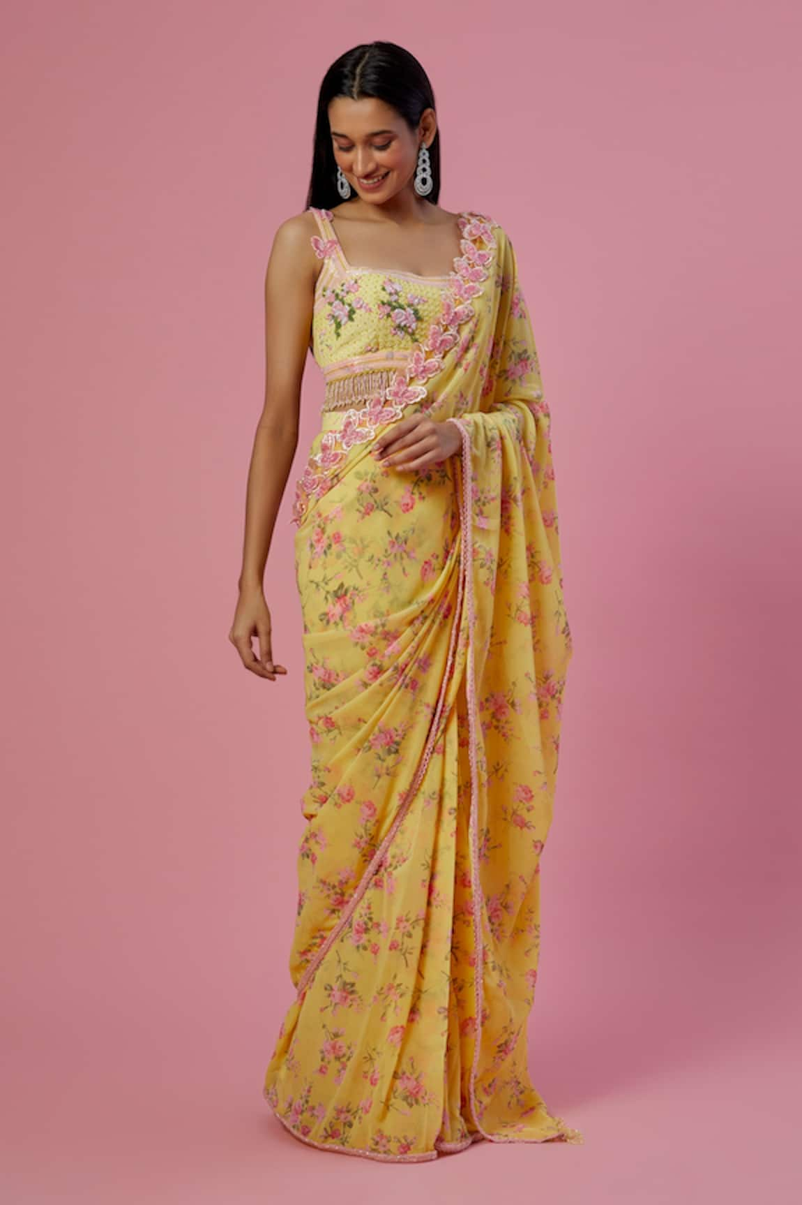 Label Priyanka Kar Floral Print Saree With Blouse