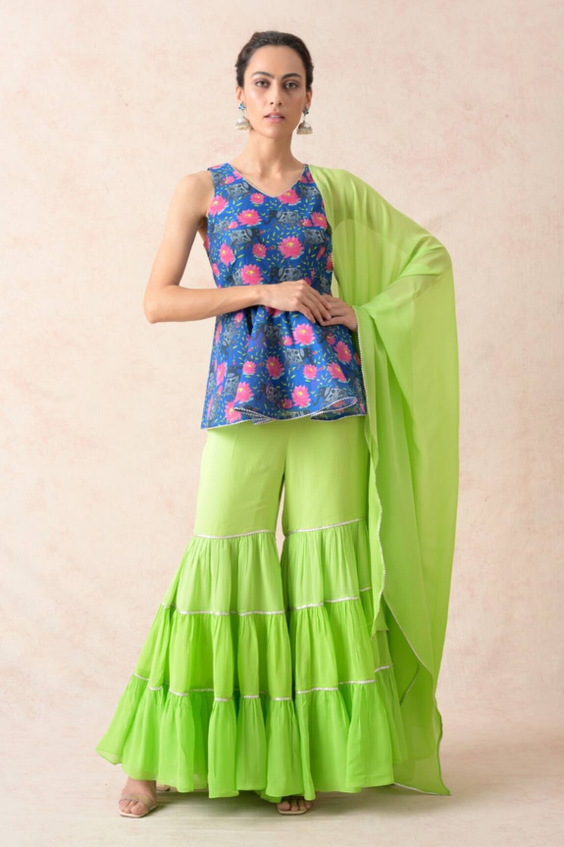 Thetaa Floral Print Peplum Kurta Gharara Set