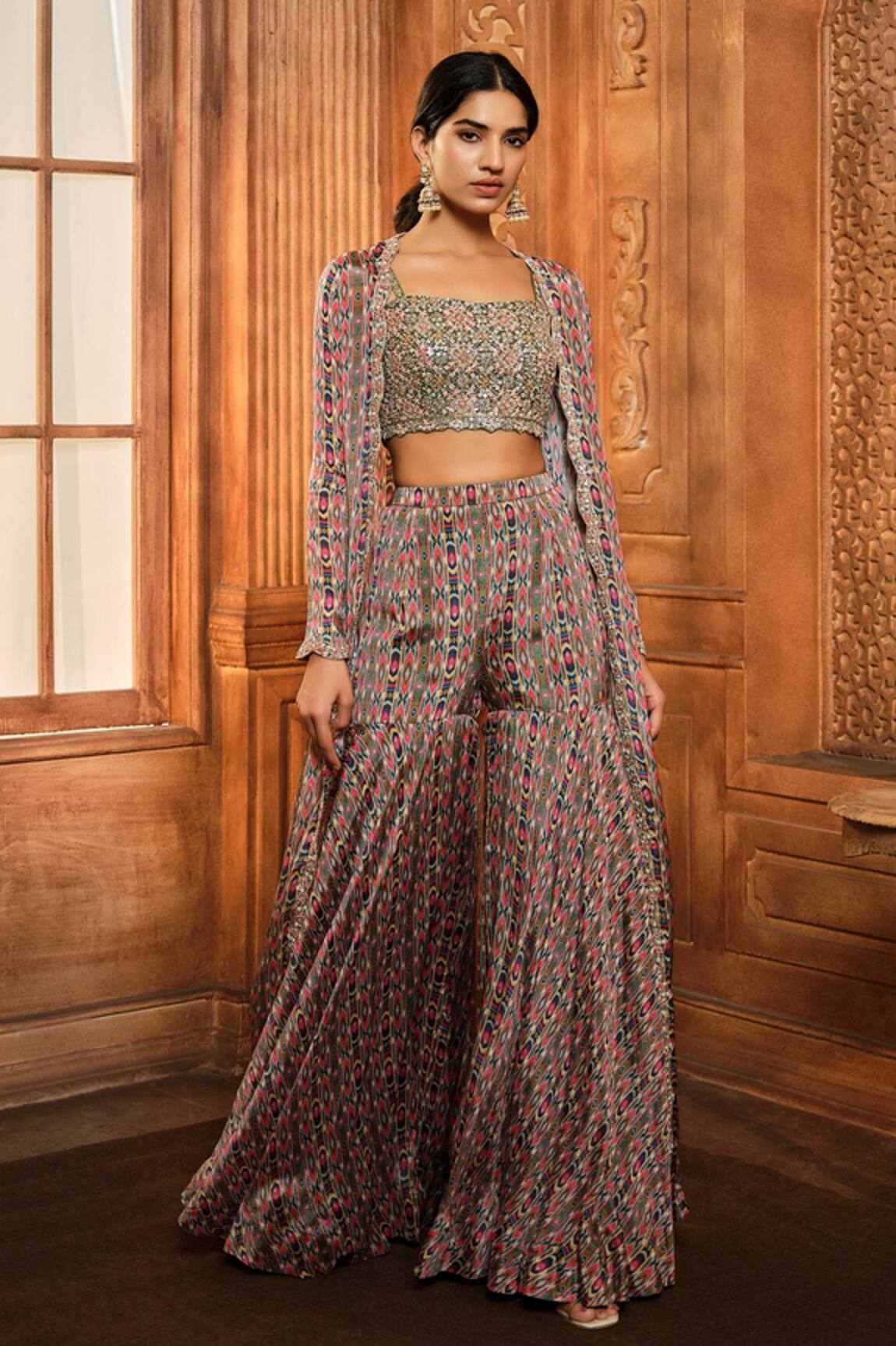 Aneesh Agarwaal Stripe Print Jacket Sharara Set