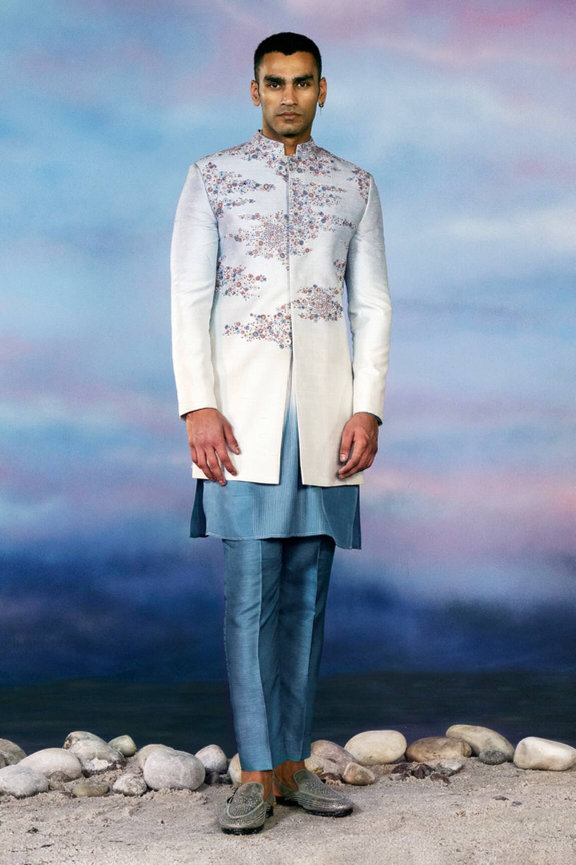 Rohit Gandhi + Rahul Khanna Withering Floral Embellished Silk Sherwani Set