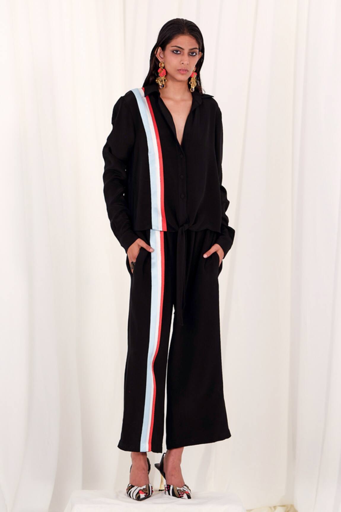 AK-OK Silk Striped Print Shirt & Culotte Set