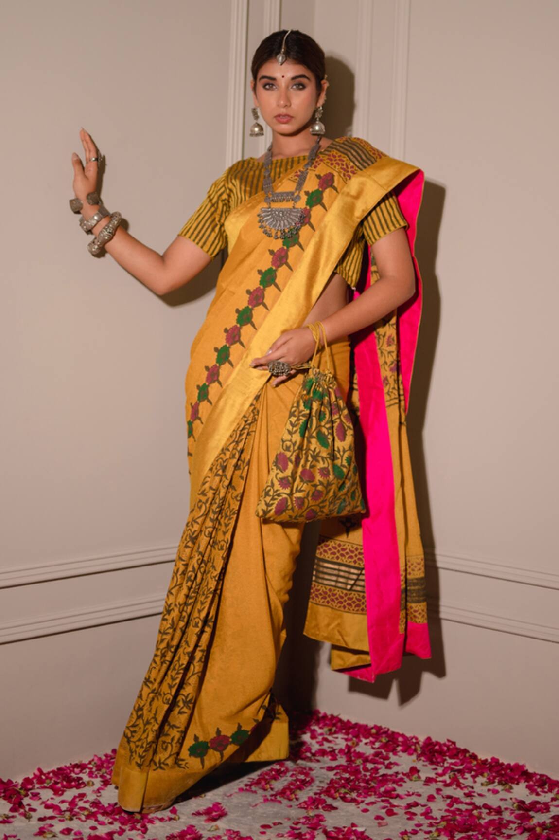 The Home Affair Floral Handblock Saree Set With Blouse