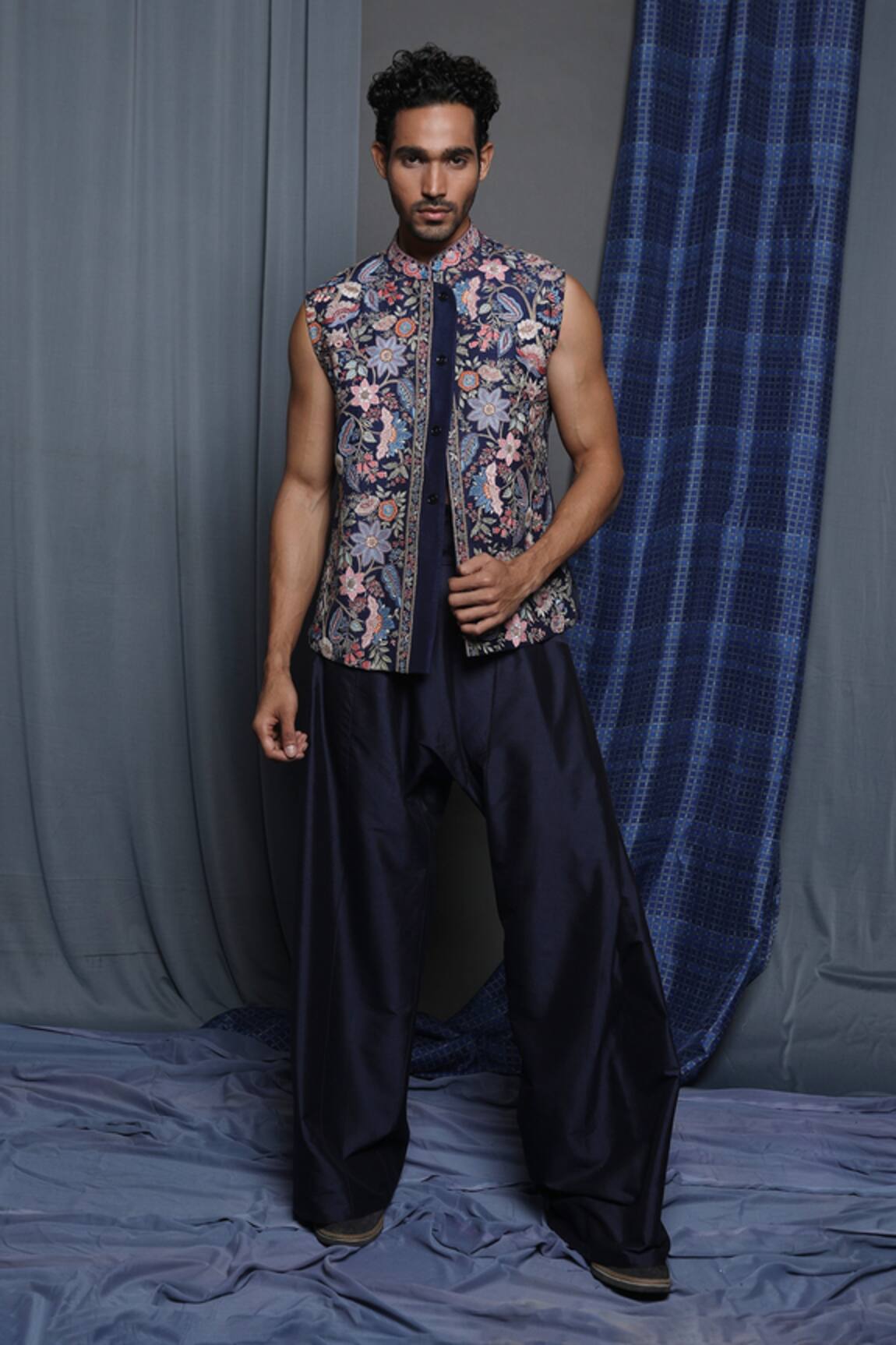 Krishna Mehta Navy Bloom Embroidered Bundi 