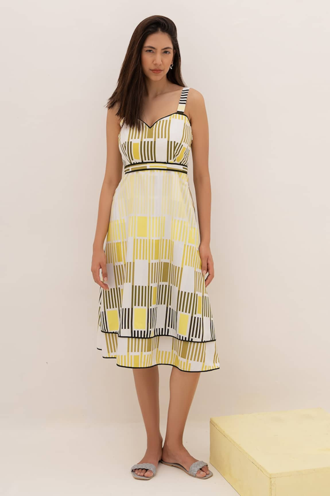 Kritika Madan Label Linear Print Papaya Twill Dress