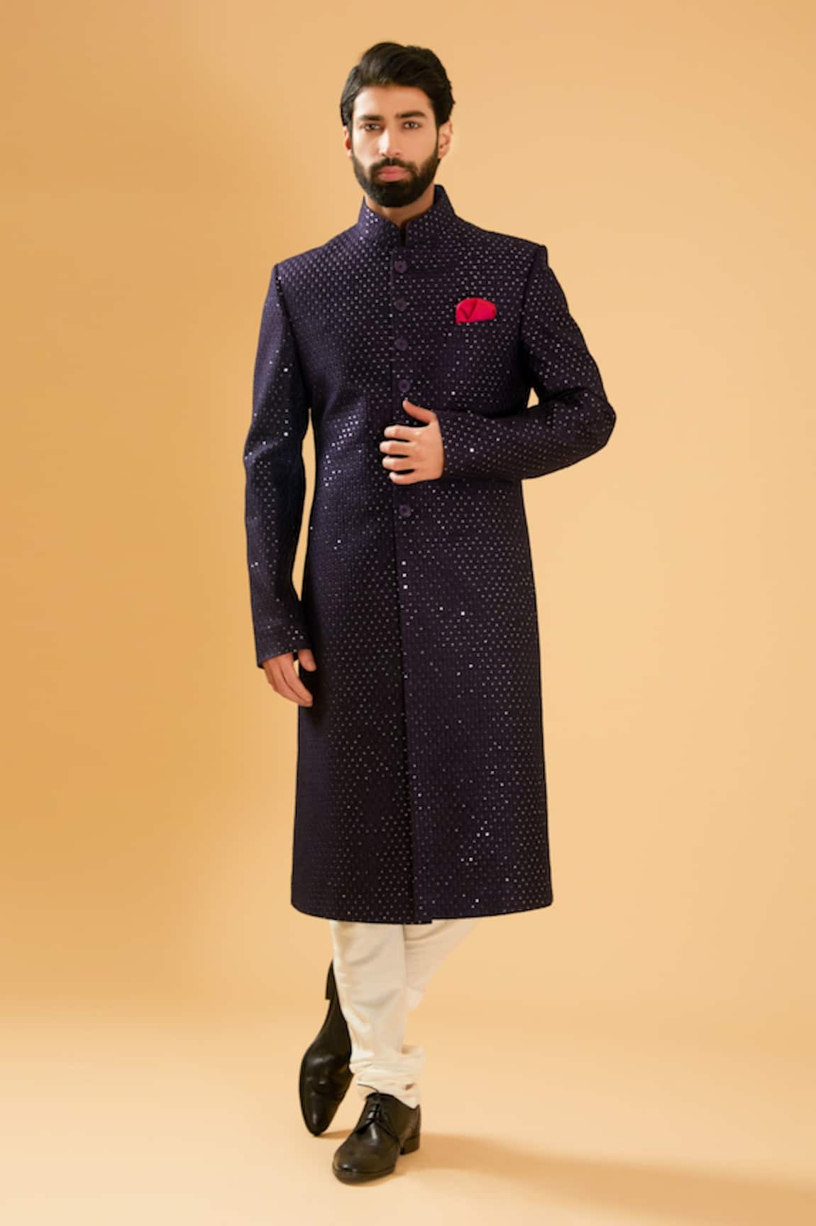 Raghavendra Rathore Blue Sequin & Thread Embroidered Achkan