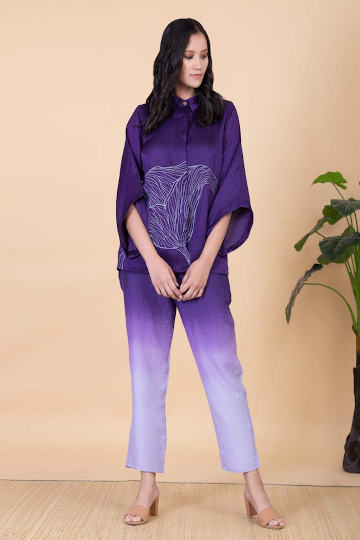Chambray & CO. Yvette Flower Embroidered Shirt & Ombre Pant Set