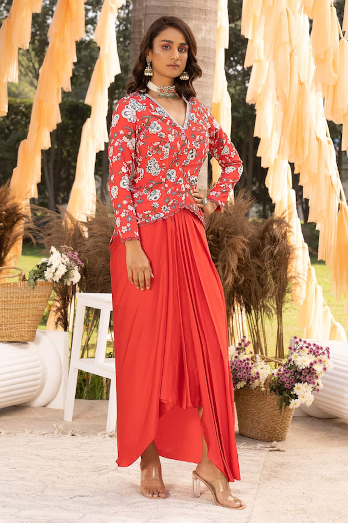 Chhavvi Aggarwal Floral Print Jacket & Draped Skirt Set 