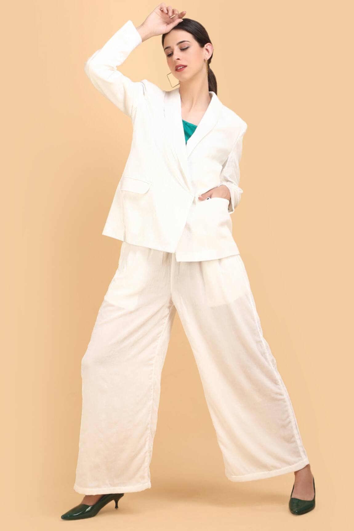 Label Ivish Lapel Collar Blazer Flared Trouser Set 