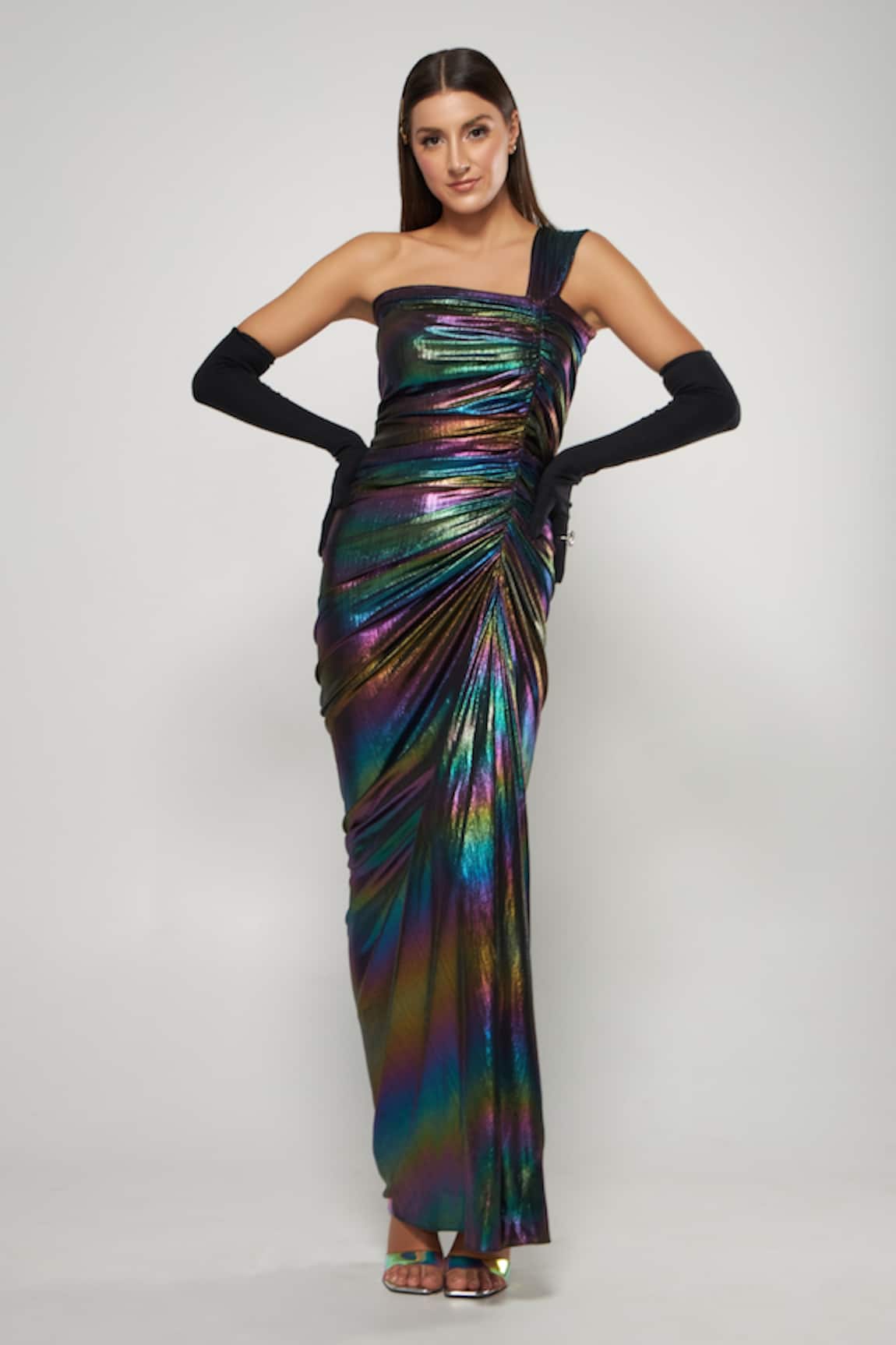 Cham Cham Metallic Pleated Draped Gown