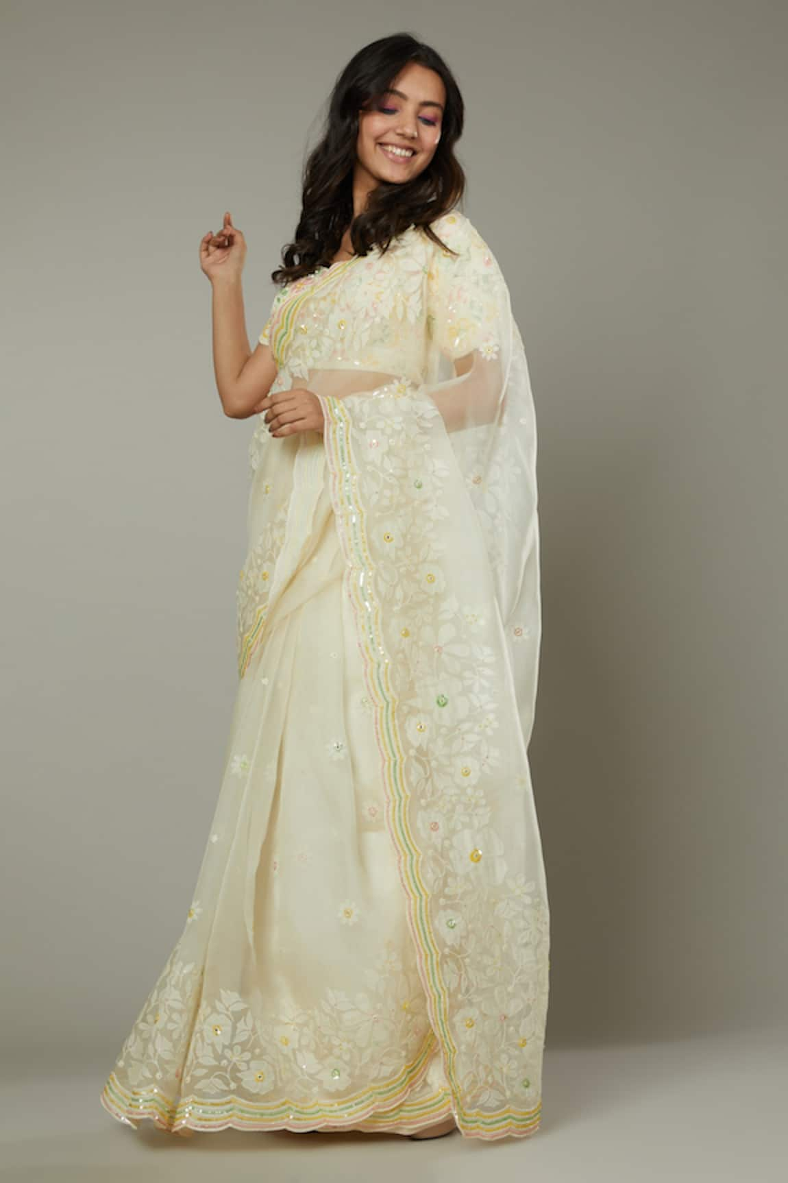 I am Design French Vanilla Floral Embroidered Saree