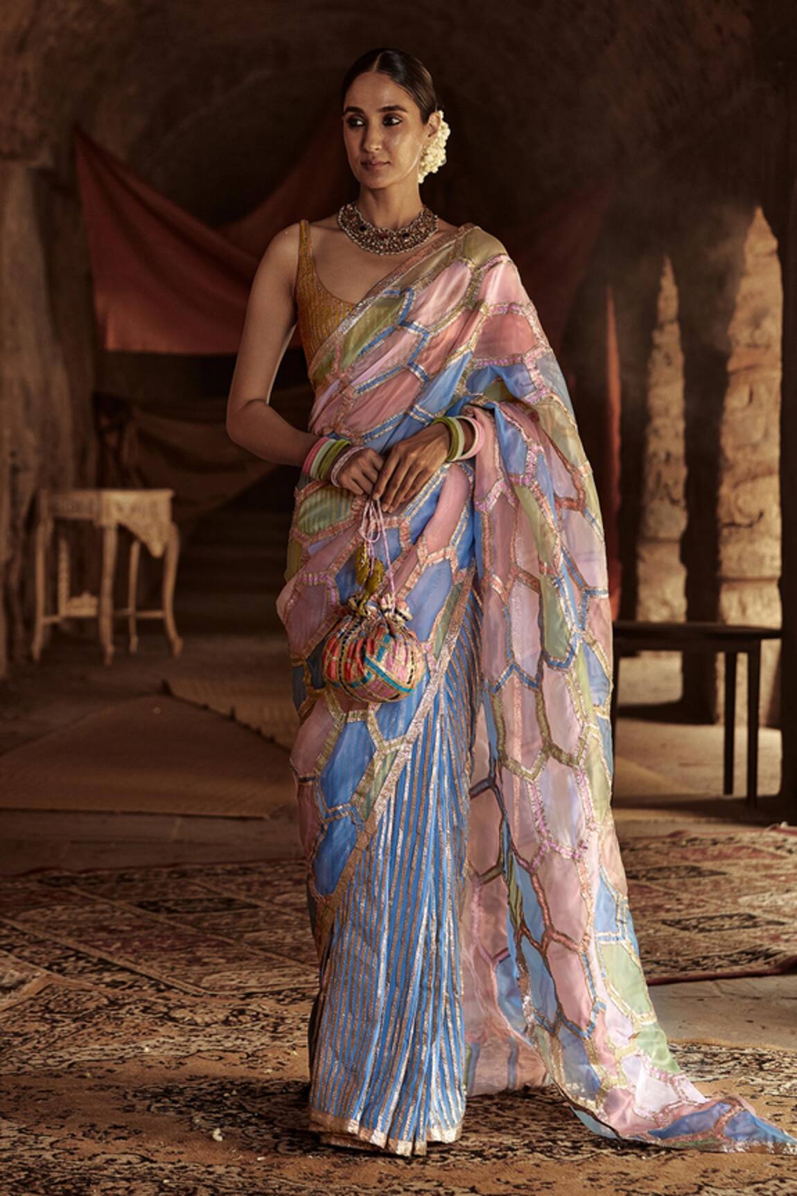 Itrh Pre-Draped Saree with Striped Blouse