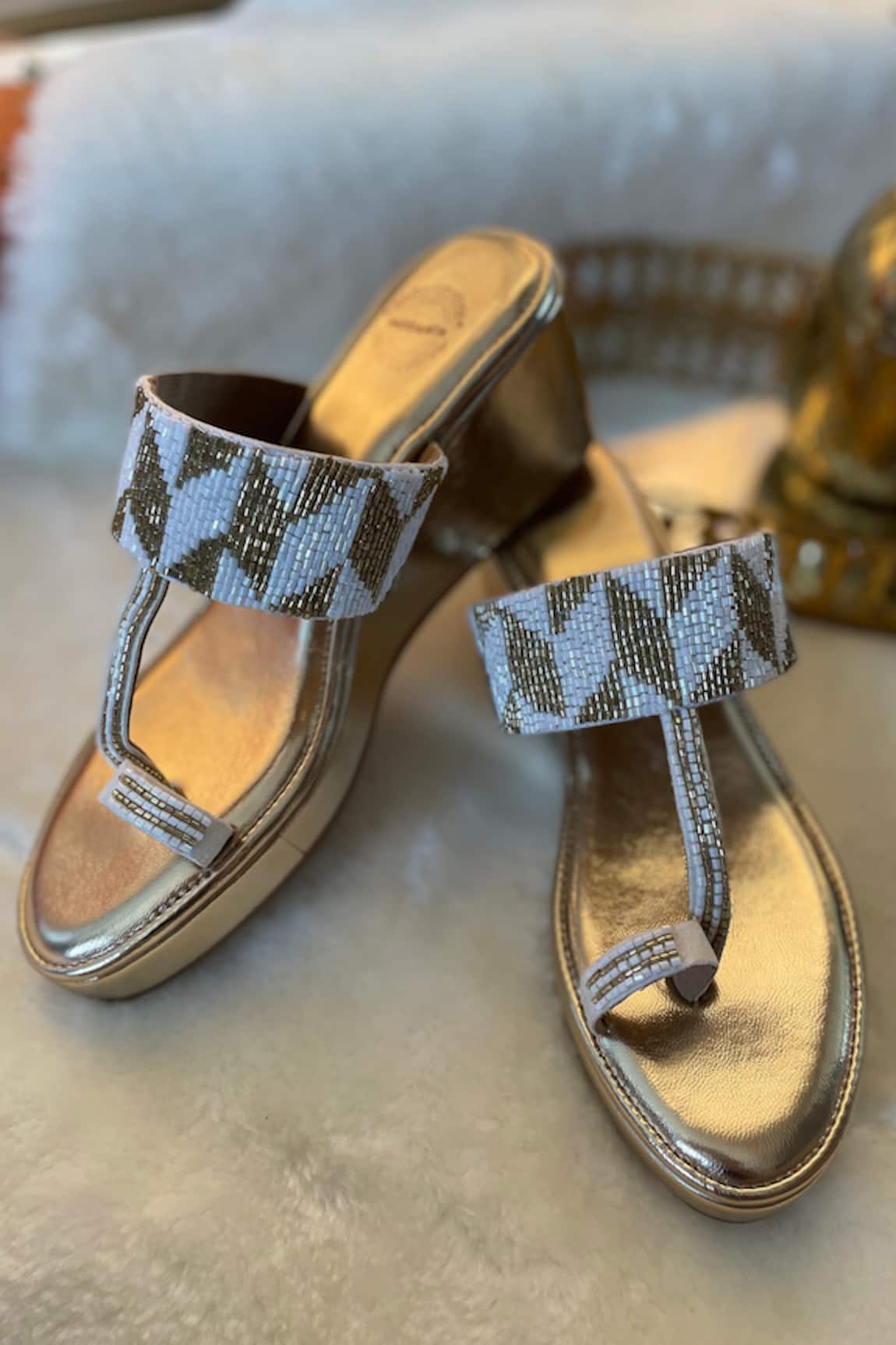Modanta Footwear Gold Cutdana Embroidered Kolhapuri Wedges 
