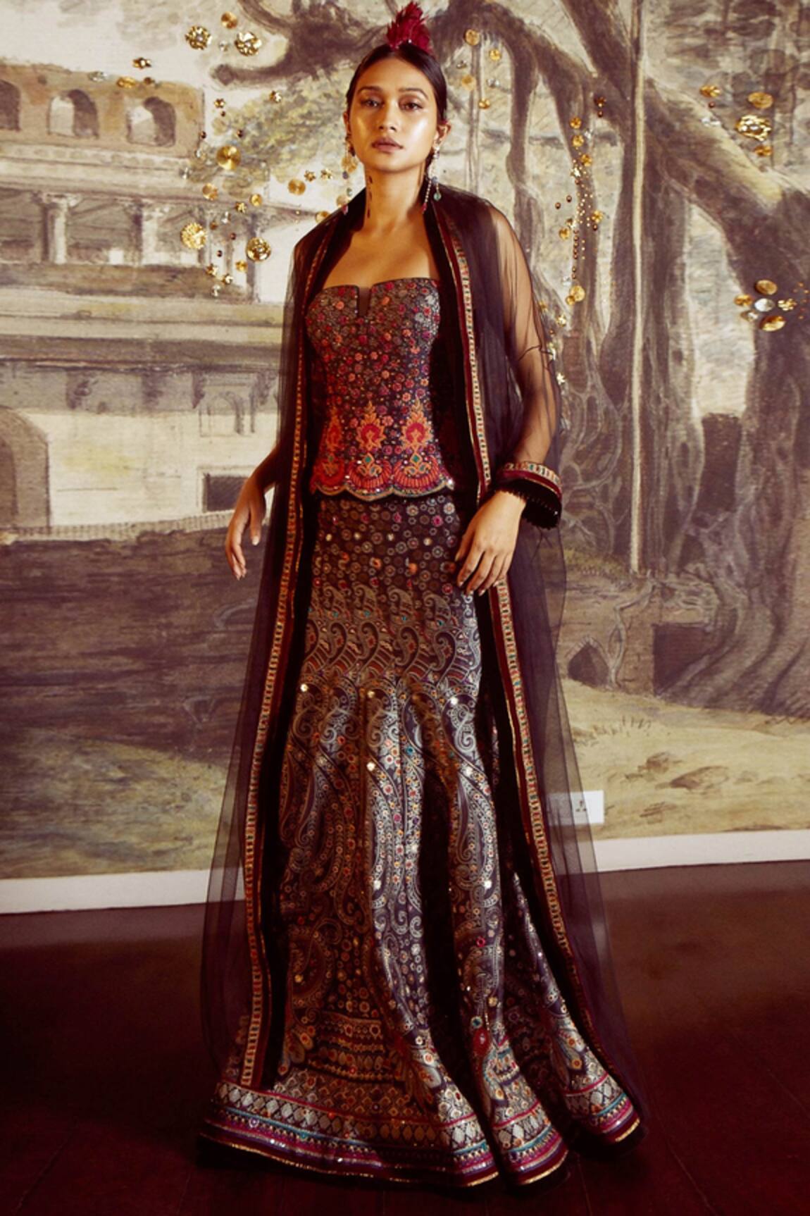 Tarun Tahiliani Silk Dupion Printed Lehenga & Tulle Cape Set 
