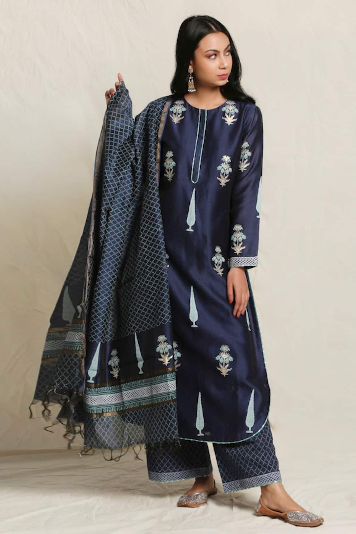 Abbaran Block Print Chanderi Kurta Set