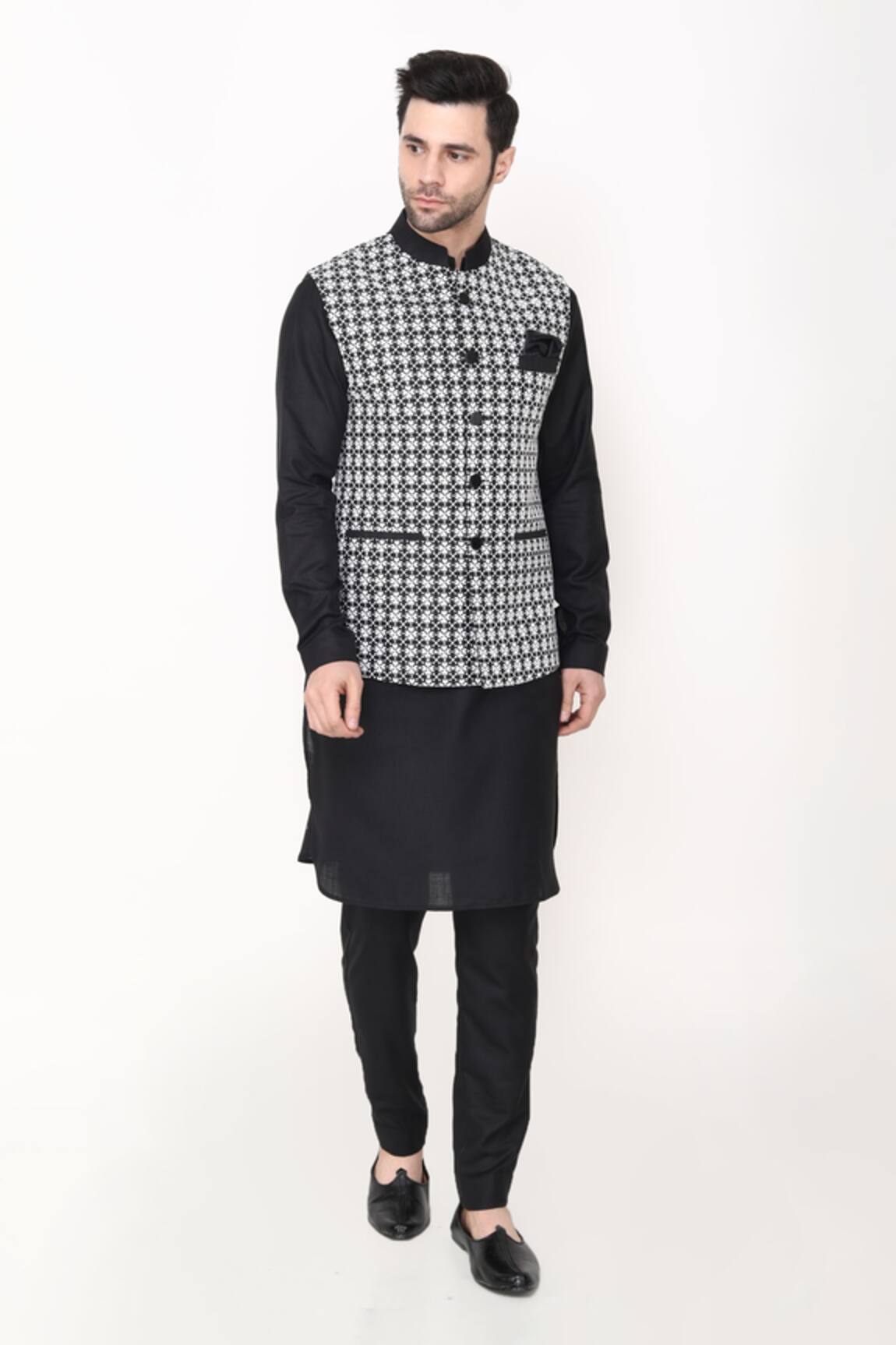 Buy Black Cotton Silk Embroidered Thread Bundi Jacket And Kurta