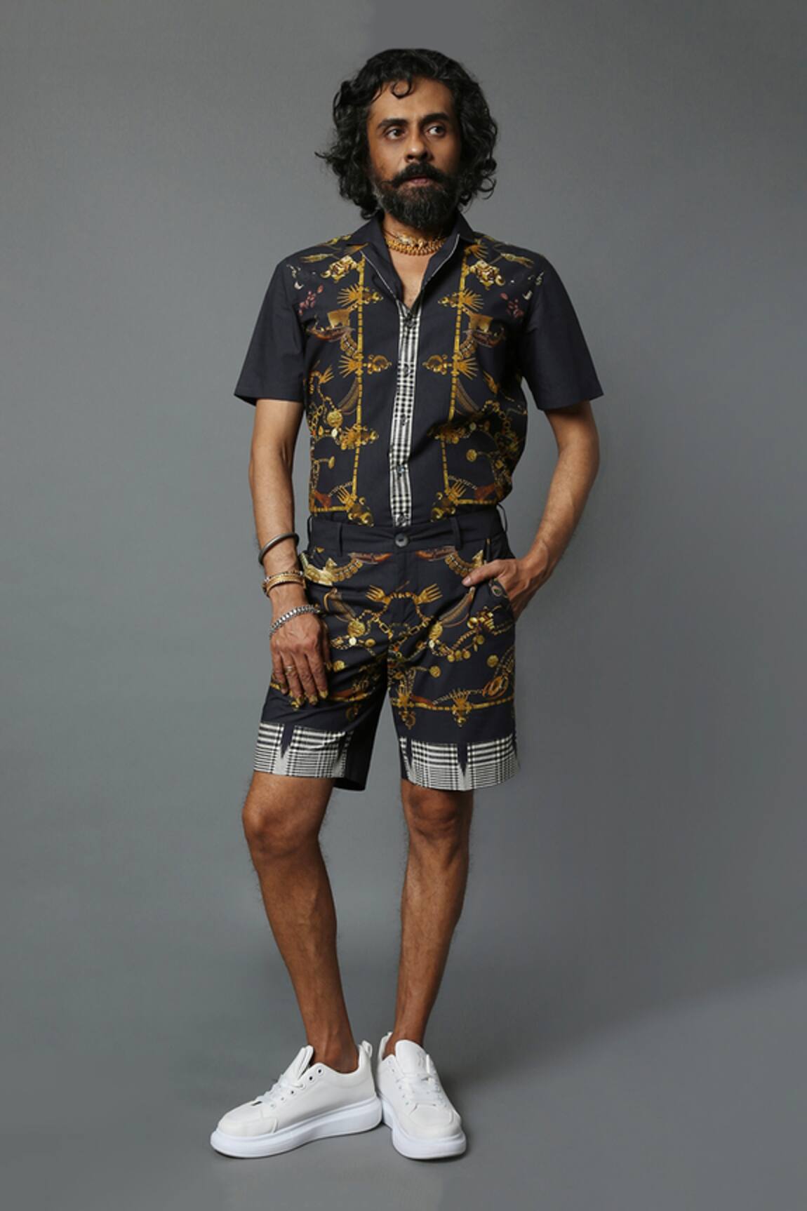 House Of Three Dravida Cotton Linen Jewel Print Shorts 