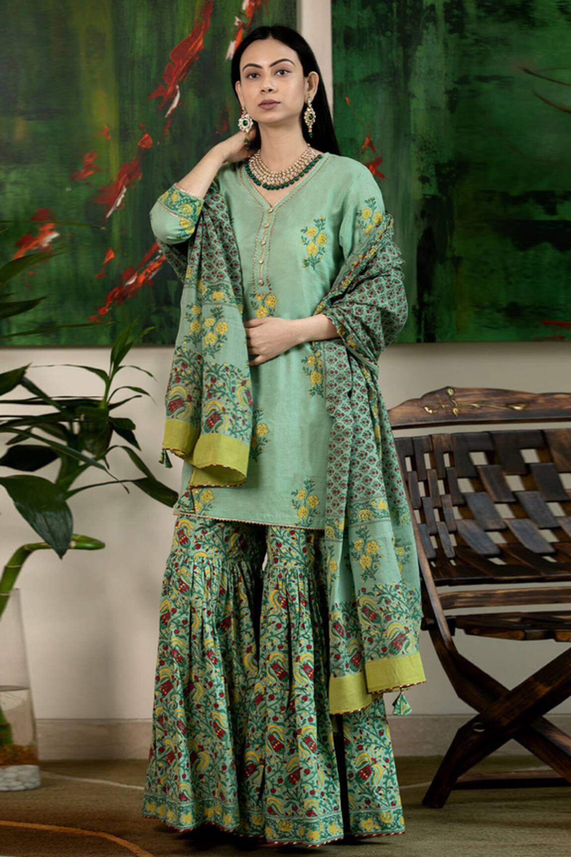 Abbaran Block Print Kurta Gharara Set 