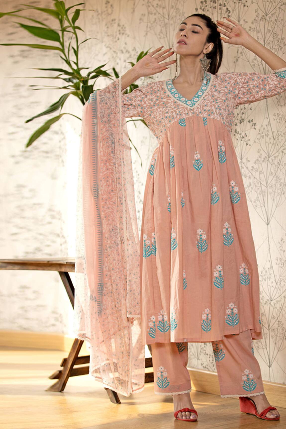 Abbaran  Block Print Flared Kurta Set 