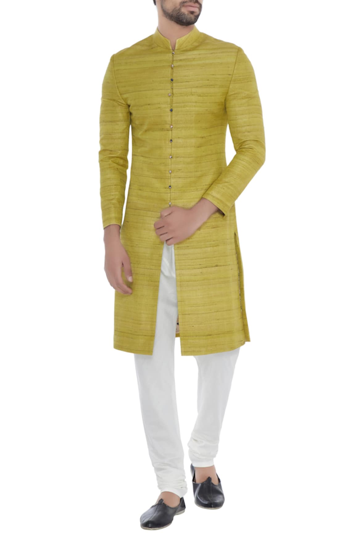 Khanijo Lime green solid handloom silk achkan with printed lining