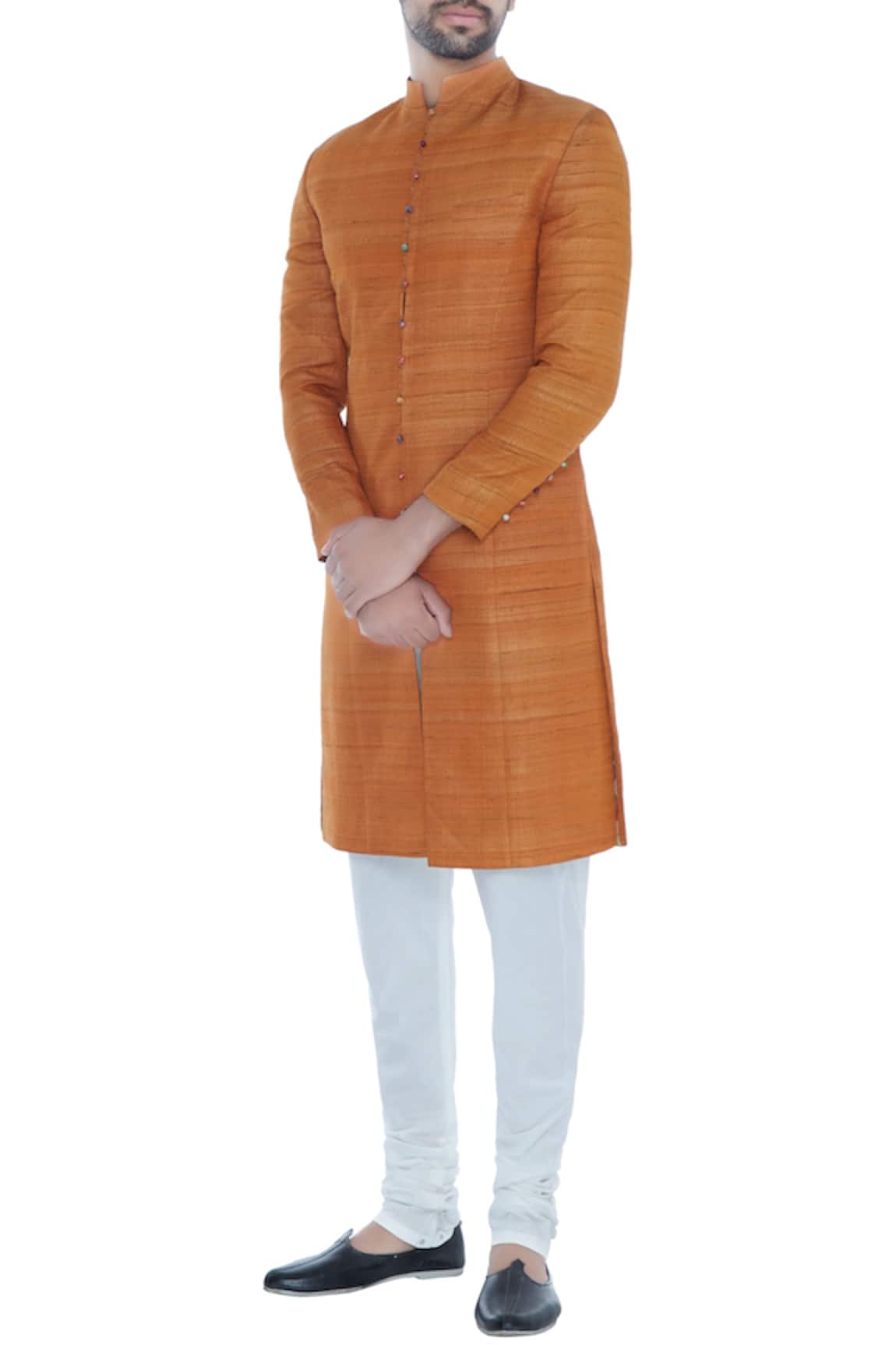 Khanijo Orange solid handloom silk achkan with printed lining