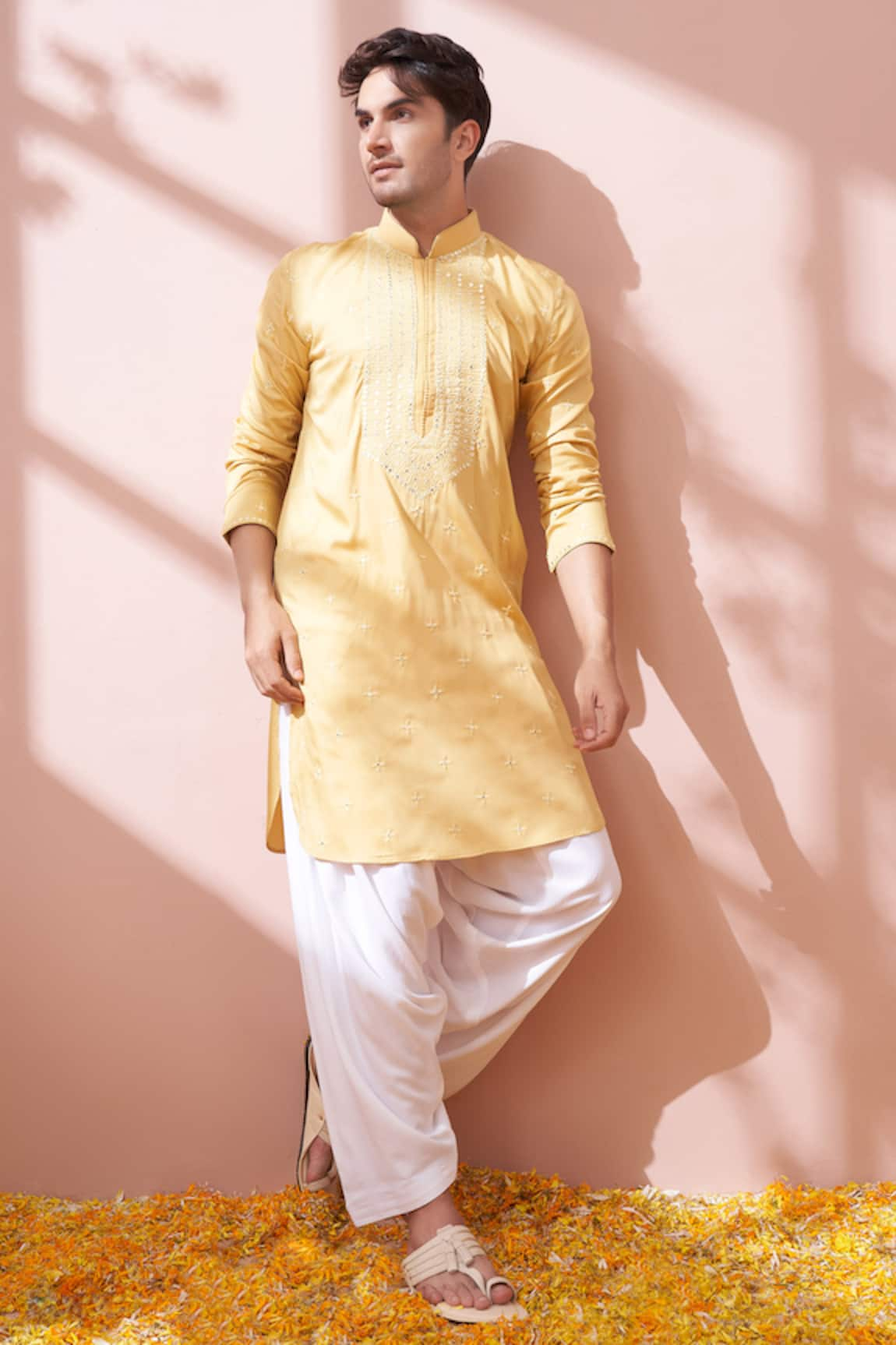 Kora By Nilesh Mitesh Mirror Embellished Pathani Kurta Set