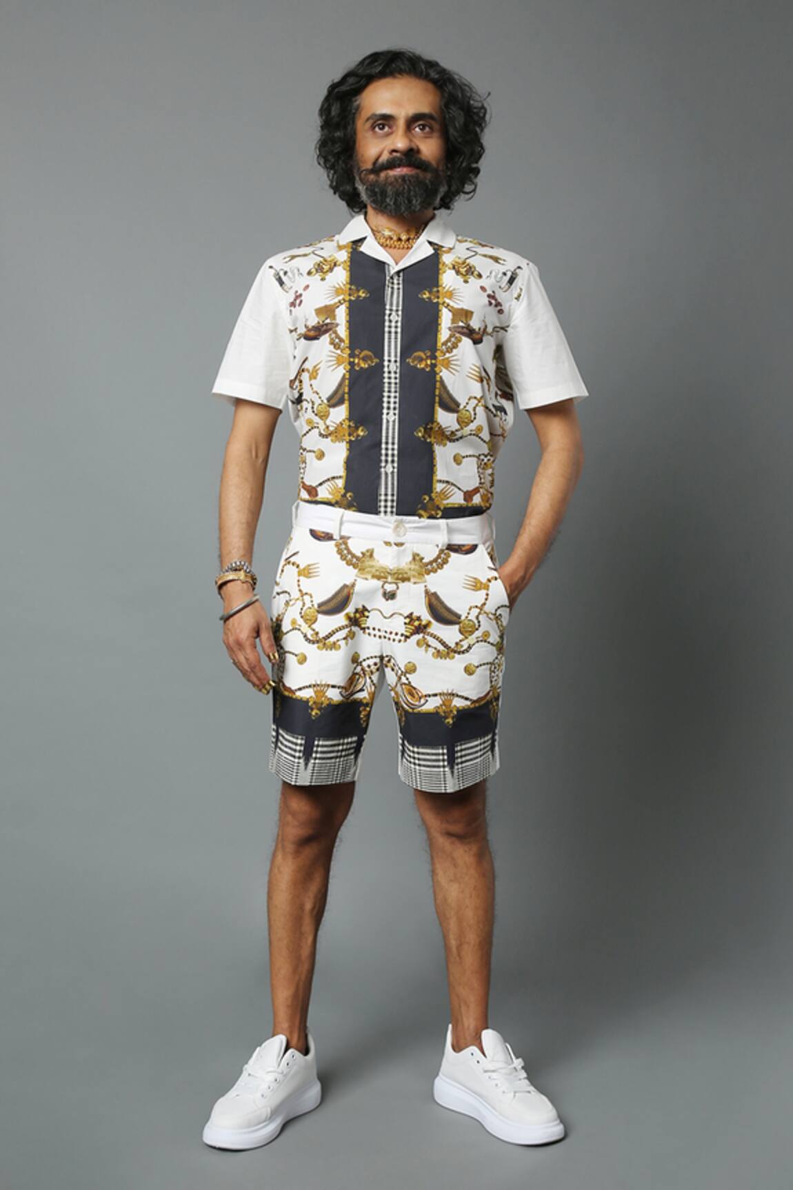 House Of Three Dravida Cotton Linen Jewel Print Shorts 