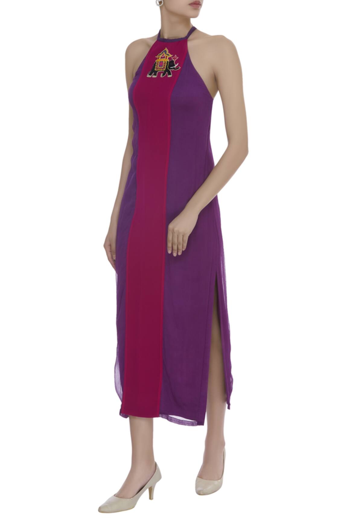 Arpan Vohra Halter Neck Elephant Motif Patchwork Embroidered Dress