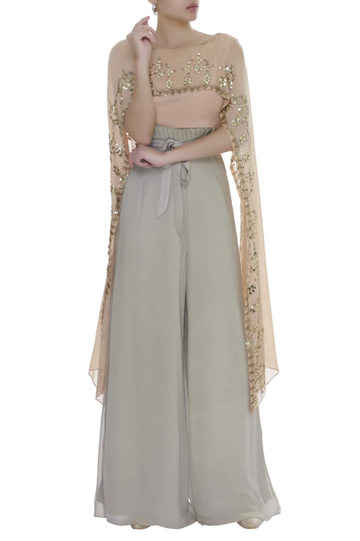 Nidzign Couture Embellished Cape Top With Pleated Waist Pants 