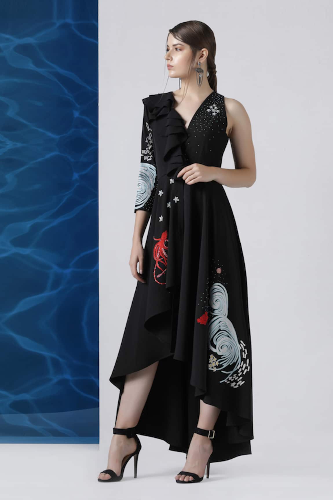 Limerick By Abirr N' Nanki Embroidered Asymmetric Ruffle Dress