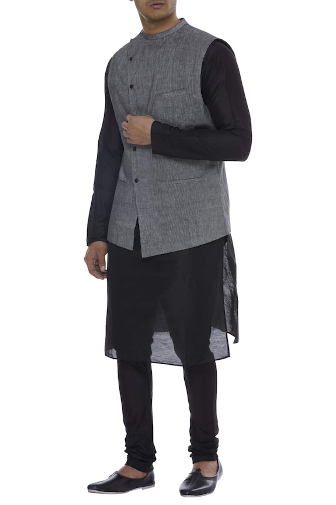 Manish Nagdeo Stripped asymmetric placket nehru jacket set